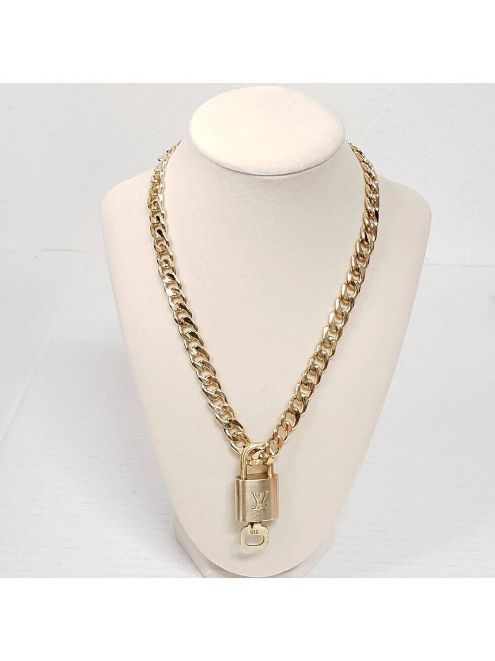Authentic Louis Vuitton Lock& Key Gold w/Unbranded Cuban Style Gold Plated Chain